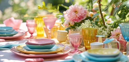 a colorful table setting with pink and blue plates and cups - obrazy, fototapety, plakaty