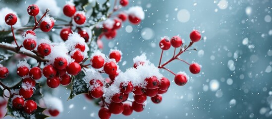 a bunch of red holly berries and snow on the blue background