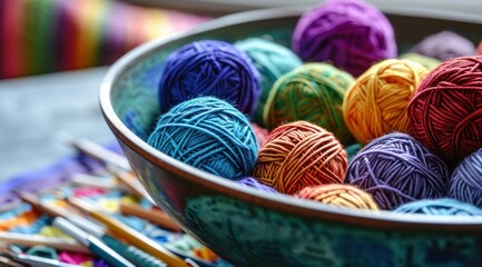 a bowl filled with many colorful balls of yarn, and pens