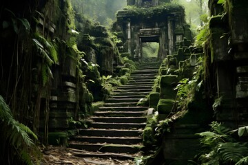 Fototapeta premium Magnificent view of forgotten ancient ruins deep in the forest with no traces of humans