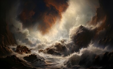 A painting depicting a rough sea where rough waves and wind mix to create a huge storm.