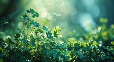 a green background with a bunch of clover leaves - obrazy, fototapety, plakaty