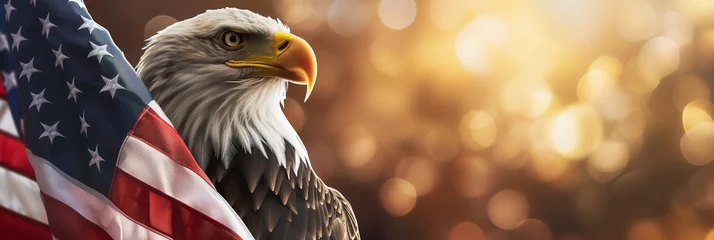 Poster Patriotic banner with bald eagle and American flag on bokeh background © Marc Andreu