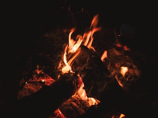 Closeup view of a wood campfire burning at night