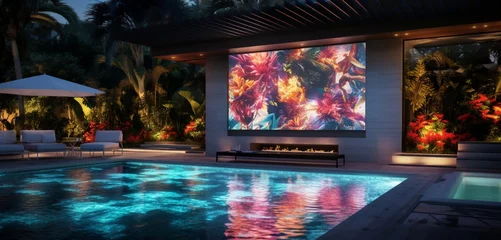 Fotobehang A modern backyard oasis with a pool and an integrated video mapping system, projecting 3D intricate, animated patterns, video mapping vista © Nairobi 