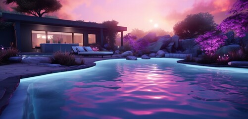 A modern backyard oasis with a pool and a color-changing fog system, creating 3D intricate, misty patterns in hues of purple and blue, misty mystique