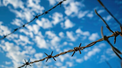 Fototapeta na wymiar Barbed wire in front of blue sky with cloud