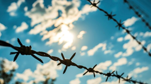 Barbed wire in front of blue sky with cloud