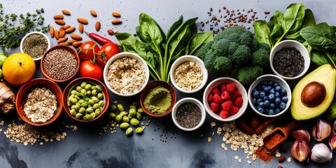 Healthy food clean eating selection. fruit, vegetable, seeds, superfood, cereal, leaf vegetable on gray concrete background. - obrazy, fototapety, plakaty