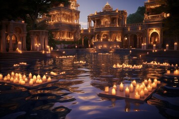 A luxury backyard with a pool and a surrounding moat filled with floating candles, their light creating 3D intricate, serene patterns