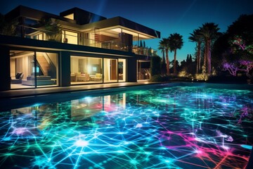 Obraz na płótnie Canvas A modern backyard with a pool and a laser light show above, casting 3D intricate, colorful laser patterns on the pool surface, laser light luxury