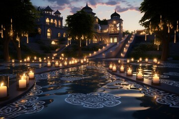 A luxury backyard with a pool and a surrounding moat filled with floating candles, their light creating 3D intricate, serene patterns