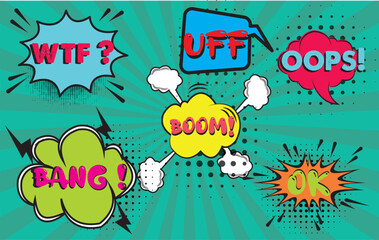Collection of Cartoon, Comic Speech Bubbles. Colored Dialog Clouds with Halftone Dot Background in Pop Art Style eps 10 
