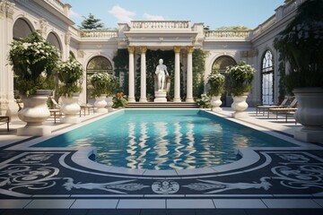 A luxury backyard with a pool flanked by classical sculptures, each pedestal featuring 3D intricate colorful patterns, classic meets modern