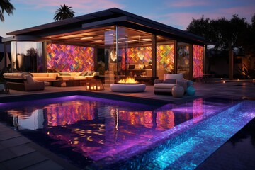 A luxury backyard with a pool featuring 3D patterns in glowing amber, electric violet, and neon green, set against a backdrop of a modern fire pit area and a stylish pergola, in - obrazy, fototapety, plakaty
