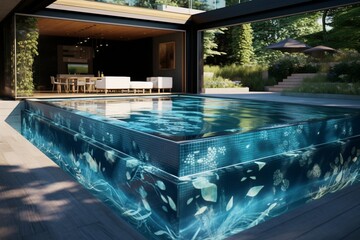 A modern backyard with a pool featuring a smart glass bottom, displaying 3D intricate, customizable patterns visible from below