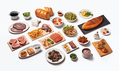 A large set of food on a white background. Top view.