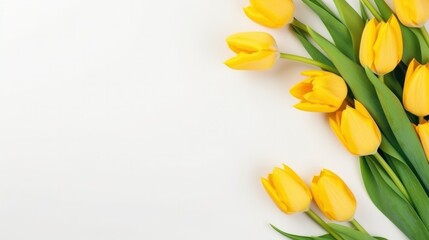 Spring season yellow tulip flowers on side of white background with copy space