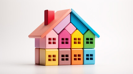A partially-built, vibrant wooden house made of toy blocks is isolated on a white background.