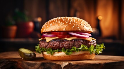 Perfect cheese burger with beef and vegetables on wooden table