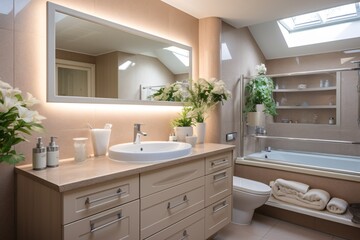Bright bathroom with vanity, basin, and looking glass.