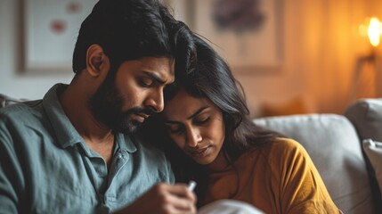 Fertility issues. Depressed Indian couple with negative pregnancy test on sofa, caring husband consoling saddened wife in empty room. - obrazy, fototapety, plakaty