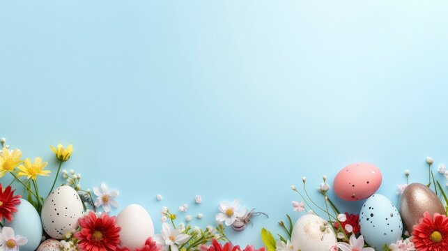 Spring flowers and colorful easter egg with pastel blue background