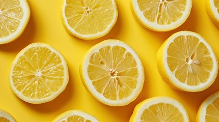 Fototapeta premium Vitamin C and lemon slices on a yellow background.
