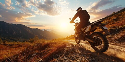 A skilled biker in full gear rides an enduro motorcycle on a sunset mountain road in a 3D rendered...