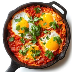 Delicious shakshuka in frying pan isolated on white, top view.