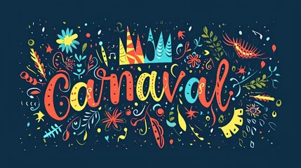 Fotobehang Hand drawn Carnaval Lettering. Carnival Title With Colorful Party Elements, confetti and brasil samba dansing © MstAsma
