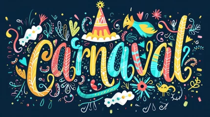 Poster Hand drawn Carnaval Lettering. Carnival Title With Colorful Party Elements, confetti and brasil samba dansing © MstAsma