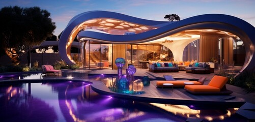 A luxury backyard with a pool featuring 3D patterns in neon ultramarine, bright tangerine, and royal violet, complemented by a futuristic observatory and an elegant poolside cabana, in vibrant