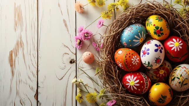 Painted Eggs with Flowers. Easter Banner with copy-space, featuring a Basket of Eggs on White Wood floor.