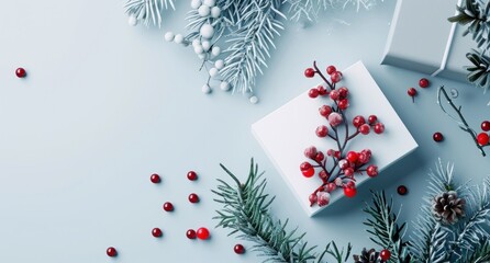 a white box, blue background and berries