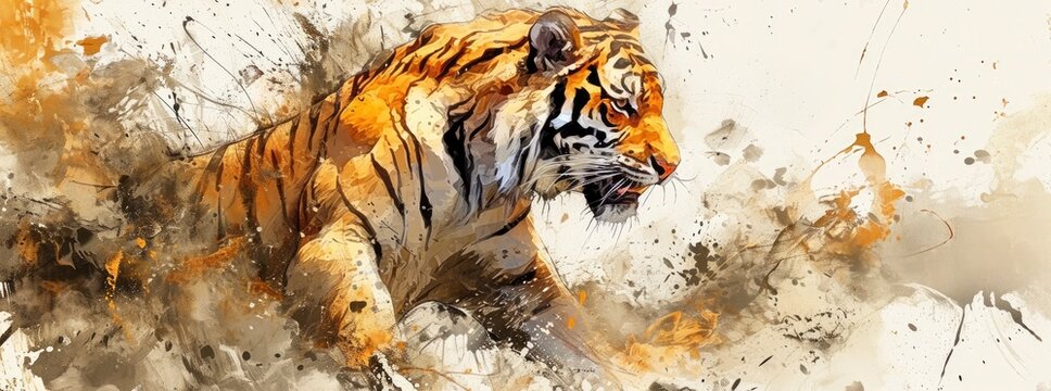 The New Year eps of a golden tiger, in the style of delicate ink washes, dragon art, abstract expressionistic splatters.