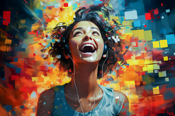 Portrait of a cute laughing girl with short hair on the background of small colorful gaming screens. The concept of love for virtual reality and computer games