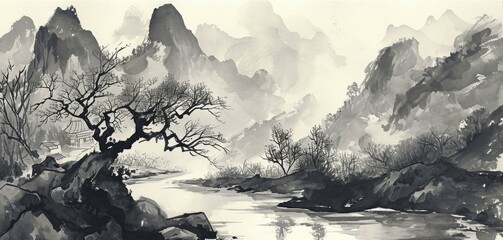 Chinese style ink landscape - obrazy, fototapety, plakaty