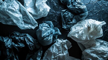 The image features polymeric coverings for a layered appearance...An image of crumpled polyethylene packages in different shapes and sizes on a dark background
