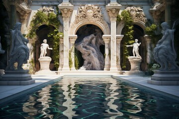A luxury backyard with a pool flanked by antique marble statues, their shadows casting 3D intricate, classical patterns on the water, marble majesty