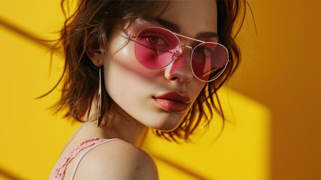 a young woman wearing pink sunglasses over a yellow background