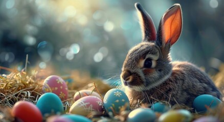 Fototapeta na wymiar an eared bunny sitting in the nest of colored eggs