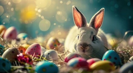 an eared bunny sitting in the nest of colored eggs - obrazy, fototapety, plakaty
