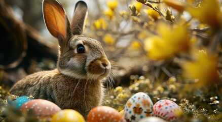 Fototapeta na wymiar an eared bunny sitting in the nest of colored eggs