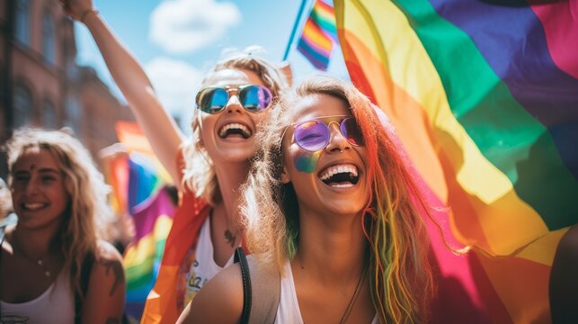 LGBT pride. Happy female couple at the LGBT parade. Freedom of love and diversity