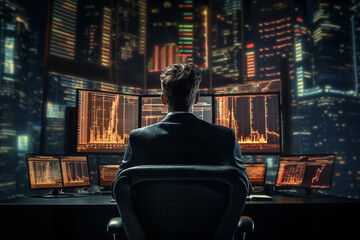 Obraz premium Man in a suit in front of a stock market screen. Investment in the stock market. Invest your money. Economy and financial market. AI.