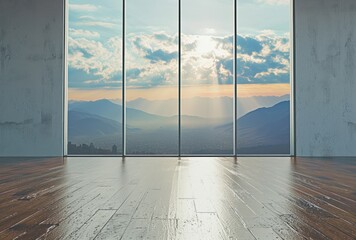 an empty room with a view of mountains through a window