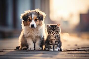 sad kitten and a dog abandoned on the street