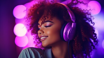 Chic African American youth model with headphones grooving to DJ tracks in neon purple lights, reveling in trendy tunes. - obrazy, fototapety, plakaty