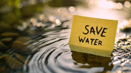 Fotobehang The text SAVE WATER written in a sticky note, sticky note on the water © Anamul Hasan